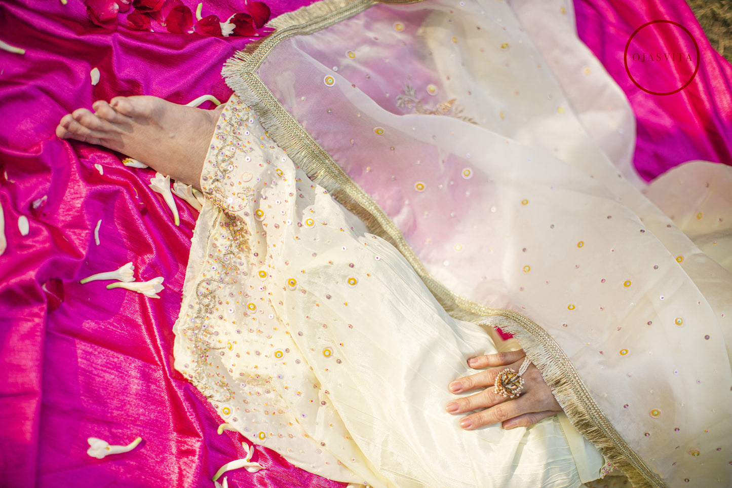 Powder yellow multicolored sequines suit with garara and kiran organza dupatta
