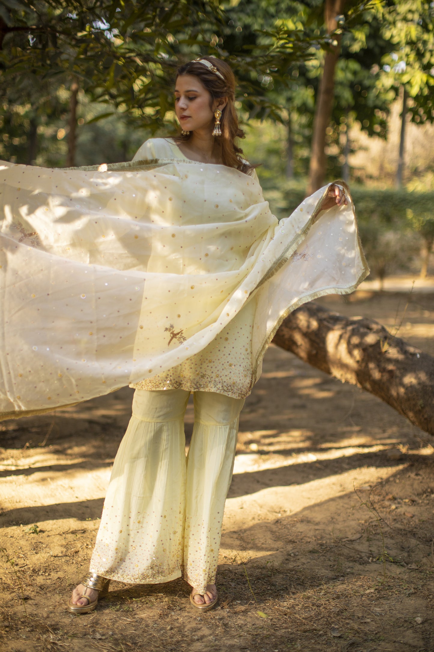 Powder yellow multicolored sequines suit with garara and kiran organza dupatta