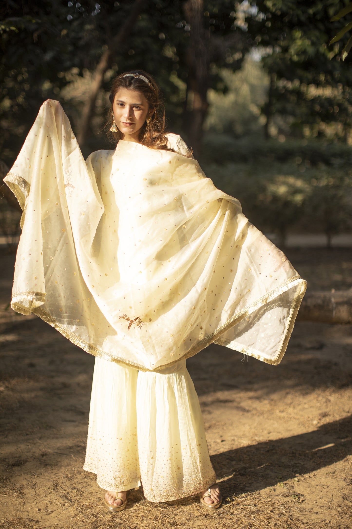 Powder yellow multicolored sequines suit with garara and kiran organza dupatta