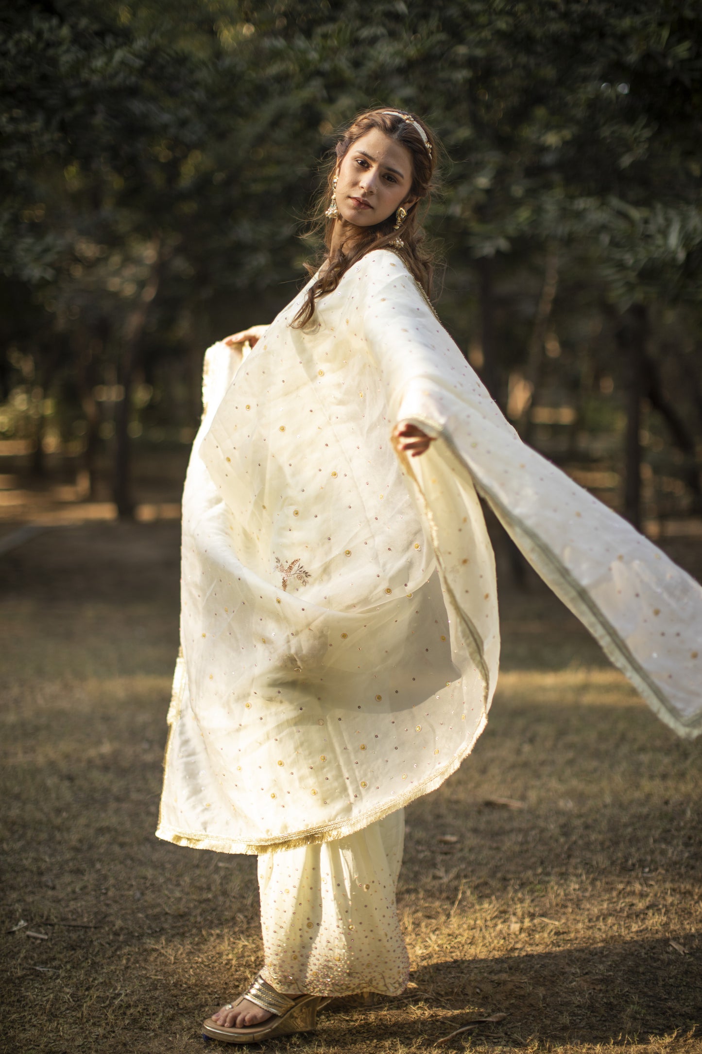 Powder yellow multicolored sequines suit with garara and kiran organza dupatta
