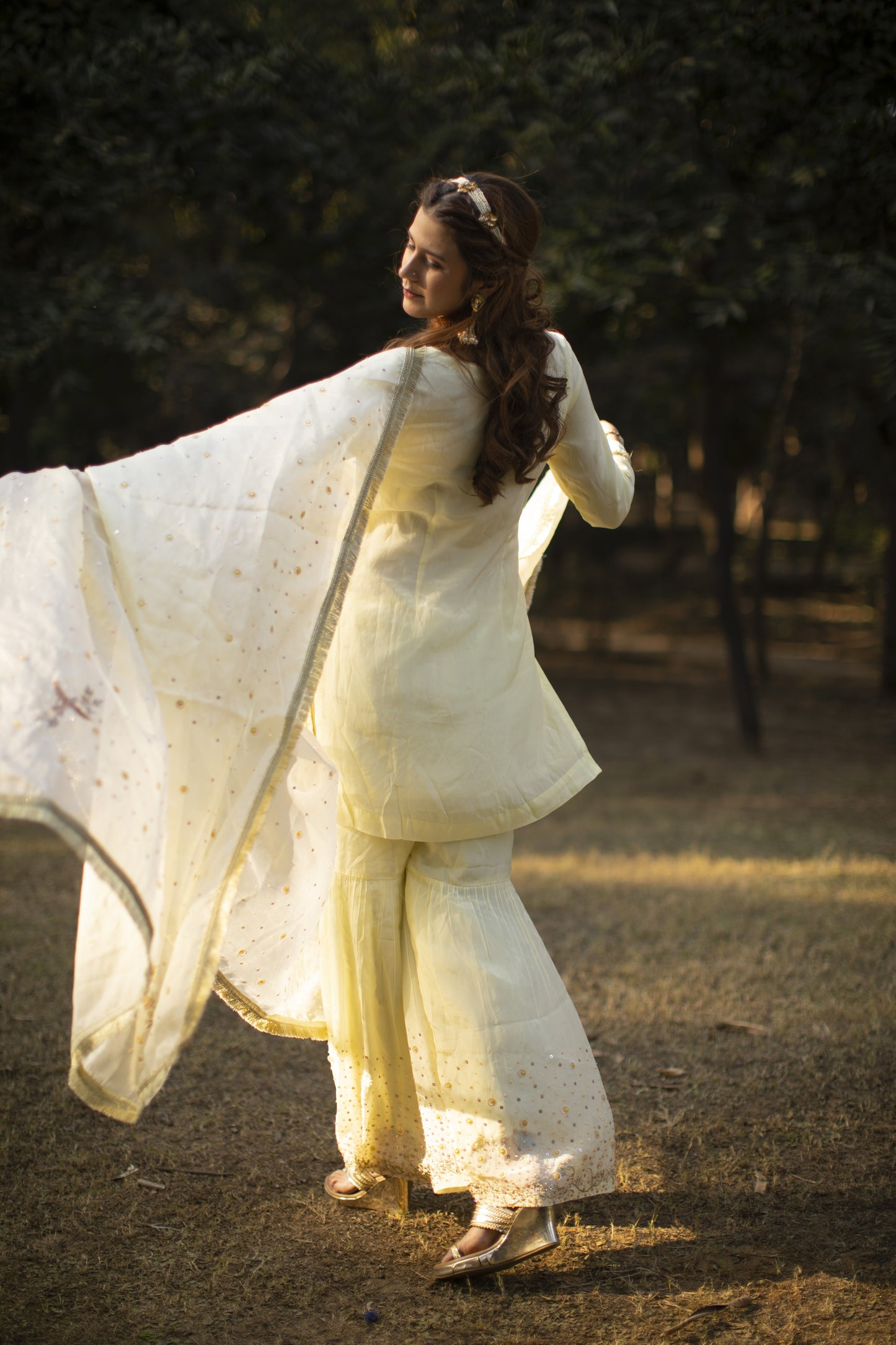 Powder yellow multicolored sequines suit with garara and kiran organza dupatta