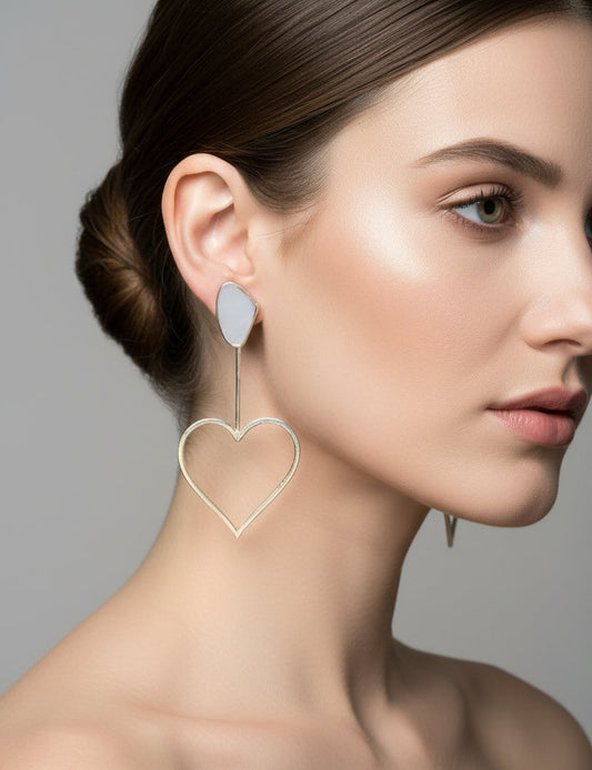 Silver Plated Oversized Heart Galactic Cut Stick Earrings