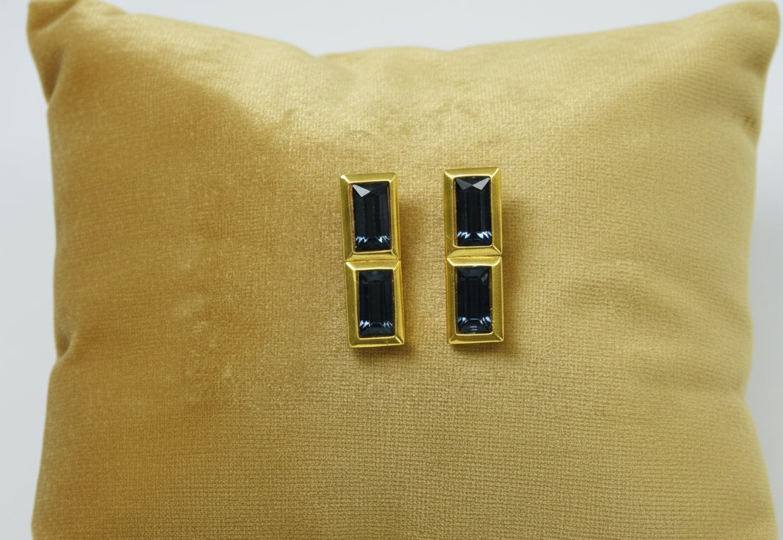 Gold Plated Smoke Black Brick Bezel Earrings