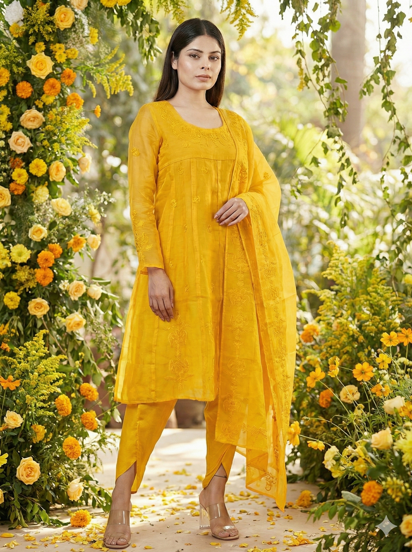 Woman in a yellow traditional outfit standing amidst floral decorations