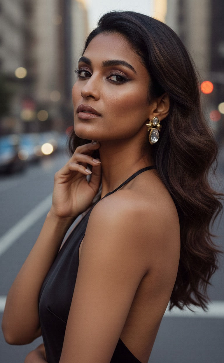 Woman in a black dress with a blurred city street background