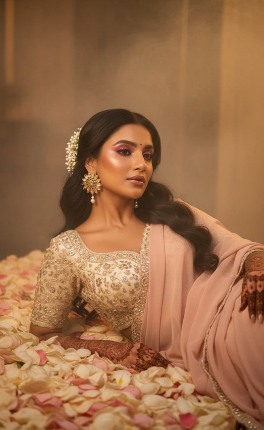 Woman in traditional attire sitting on a bed of flowers with a warm, earthy background