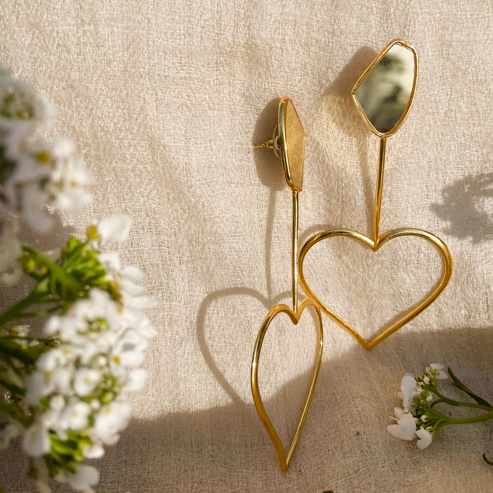 Gold Plated Oversized Heart Galactic Cut Stick Earrings