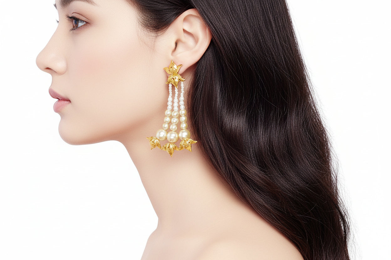 Gold-plated Lotus Marina Pearl Earrings