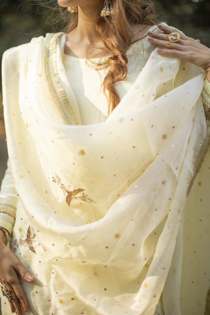 Powder yellow multicolored sequines suit with garara and kiran organza dupatta