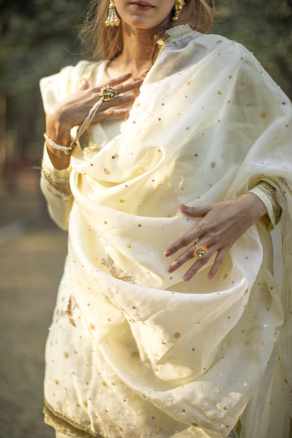 Powder yellow multicolored sequines suit with garara and kiran organza dupatta