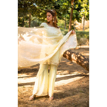 Powder yellow multicolored sequines suit with garara and kiran organza dupatta