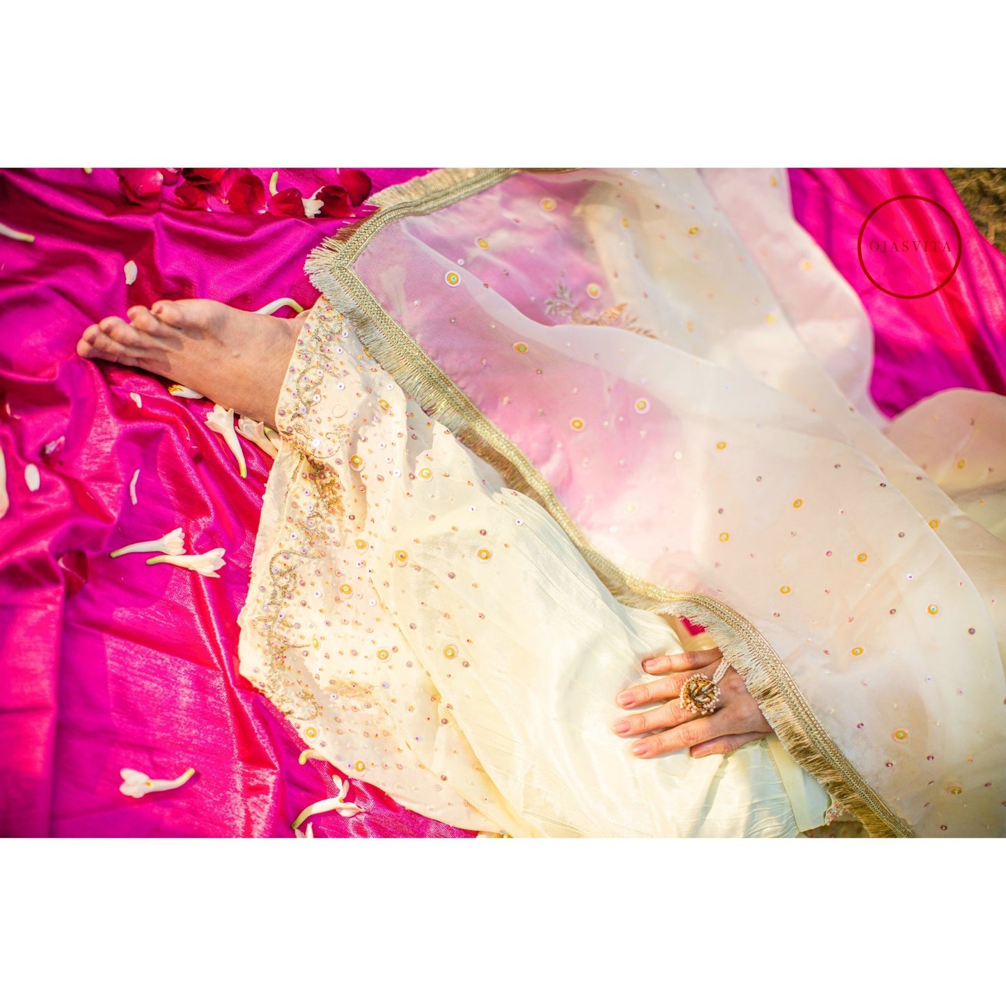 Powder yellow multicolored sequines suit with garara and kiran organza dupatta