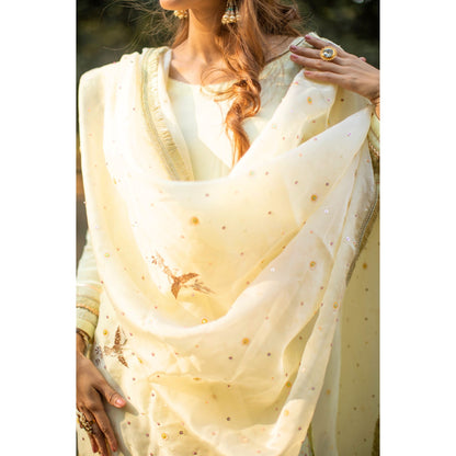 Powder yellow multicolored sequines suit with garara and kiran organza dupatta