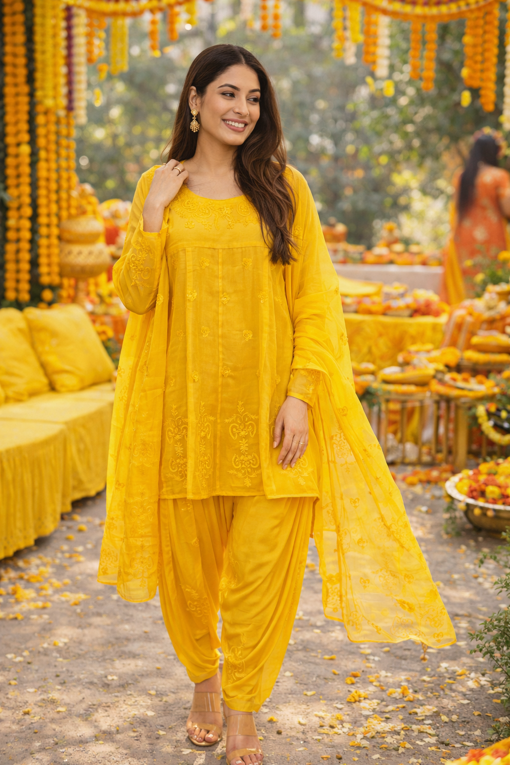 Woman in a yellow traditional outfit standing in a decorated outdoor setting.