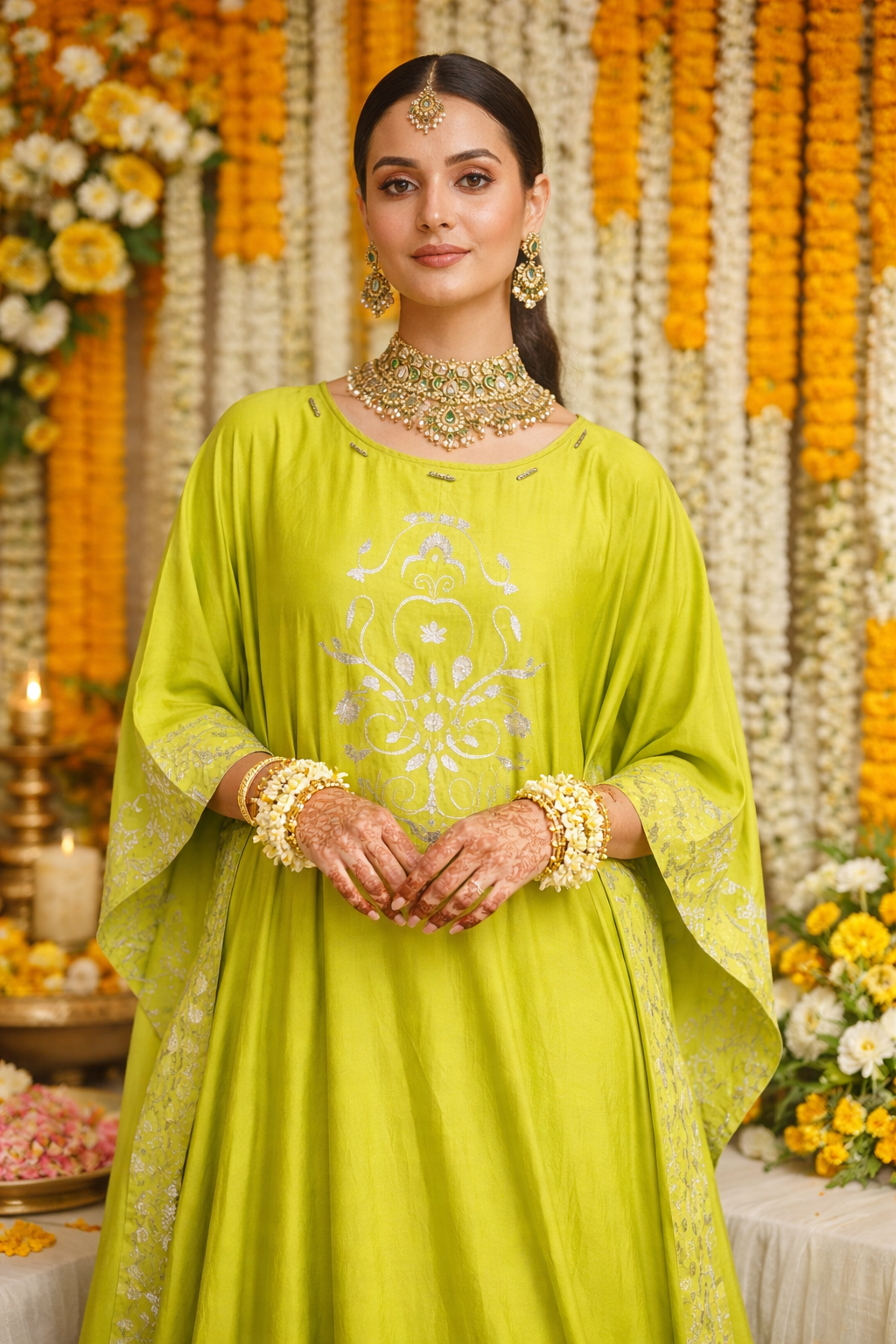 Woman in a bright green traditional outfit with intricate patterns, standing against a decorated background with flowers and yellow drapes.