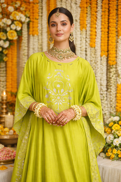 Woman in a bright green traditional outfit with intricate patterns, standing against a decorated background with flowers and yellow drapes.