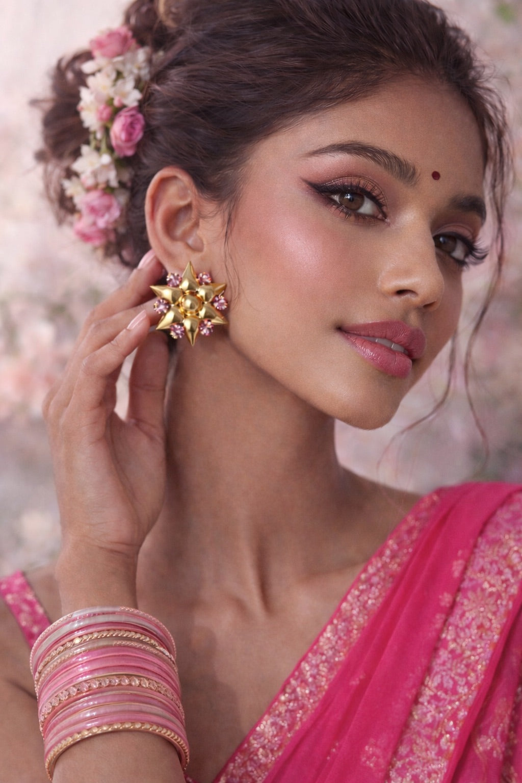 Woman wearing a pink saree with floral hairpiece and gold jewelry