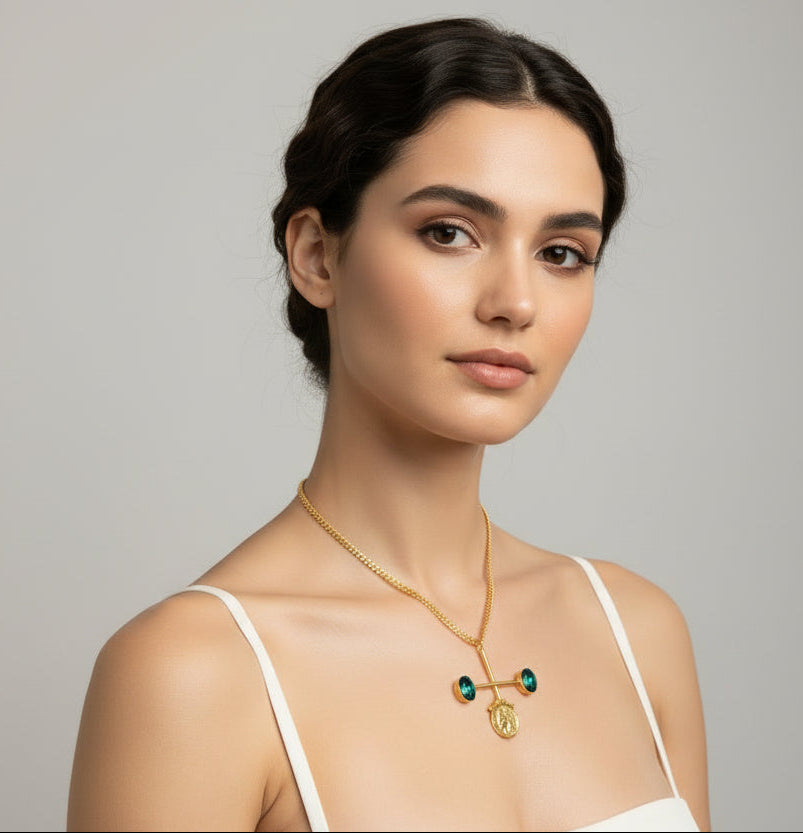 Aquamarine Stones Studded Cross And Coin Longneckpiece