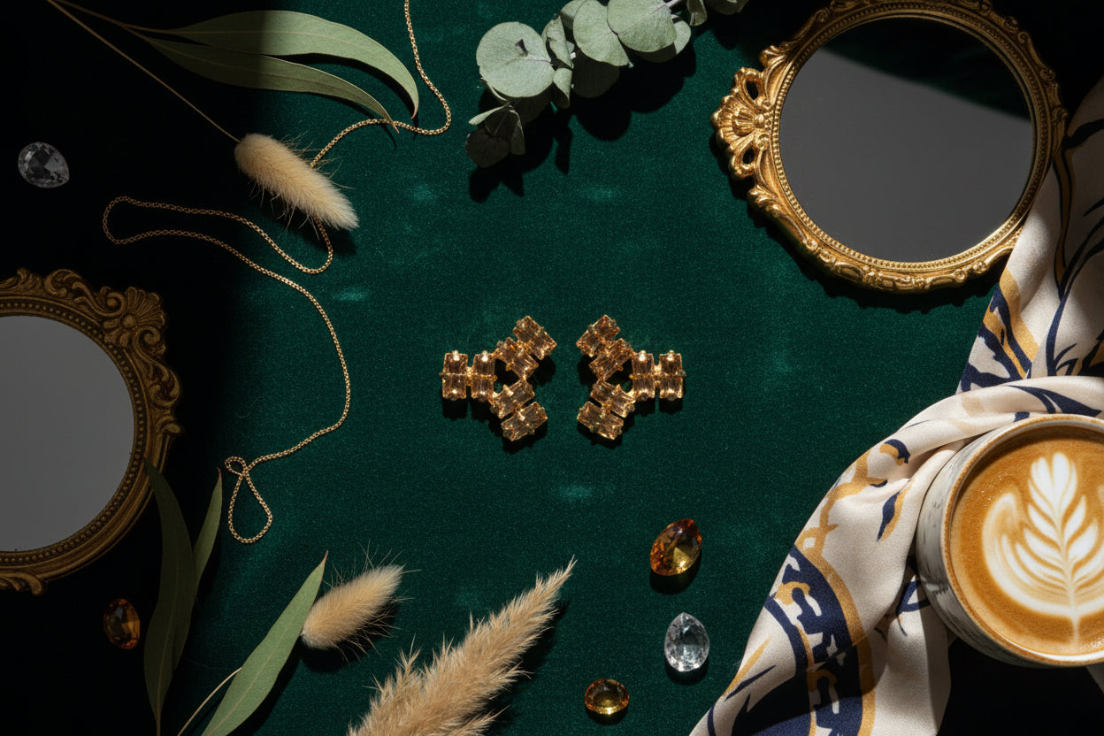 Gold earrings on a dark surface with decorative elements and a cup of coffee.