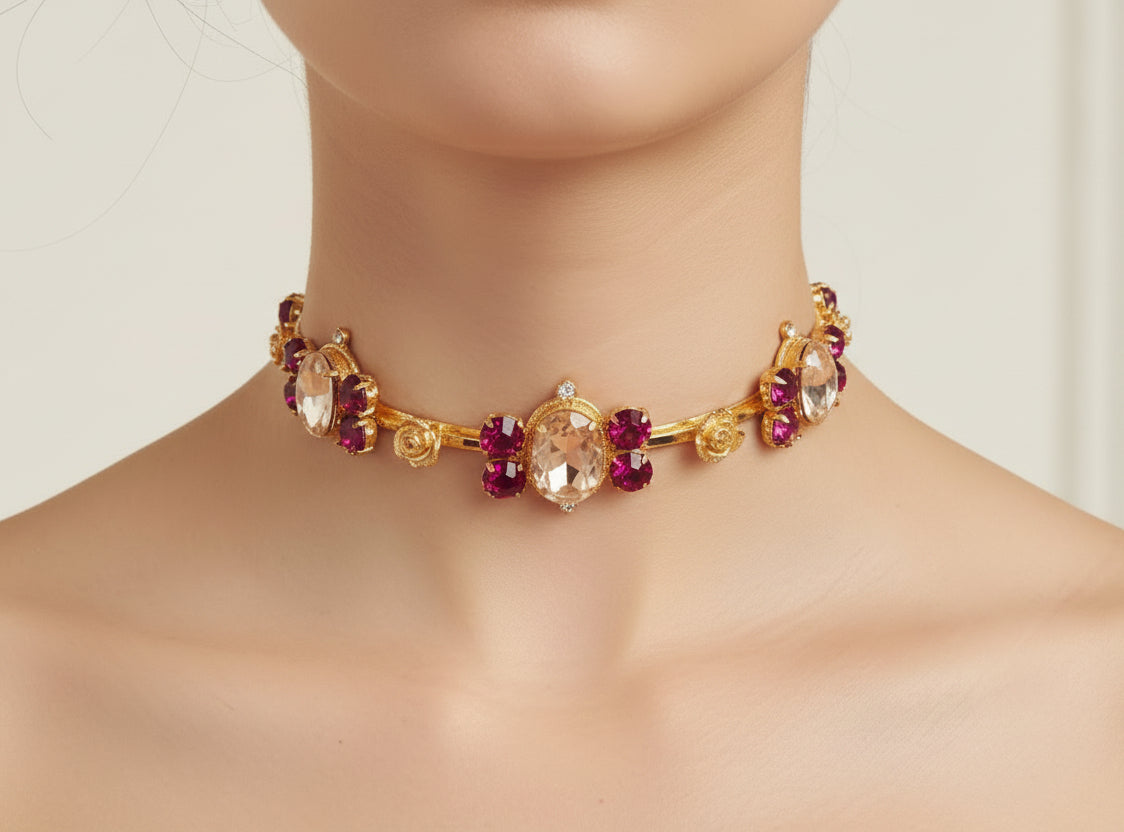 Rose Fuchsia Fleur Gold Choker