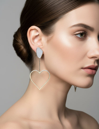 Silver Plated Oversized Heart Galactic Cut Stick  Earrings