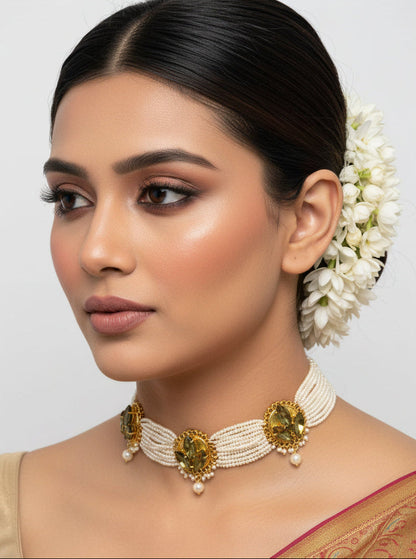 GOLD PLATED TOPAZ FLOWER PEARL PHULKARIYAAN  STRING CHOKER