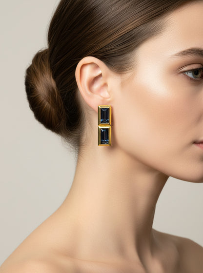 Gold Plated Smoke Black Brick Bezel Earrings