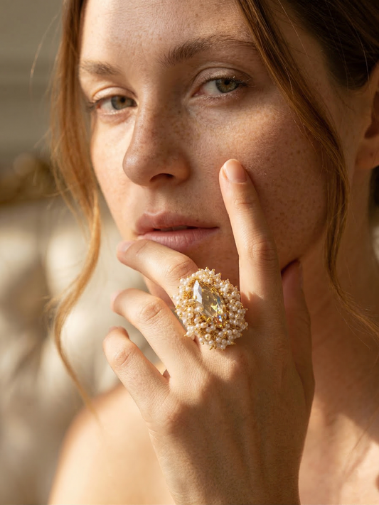 Mehar Gold Marquis Pearl Piroi Ring