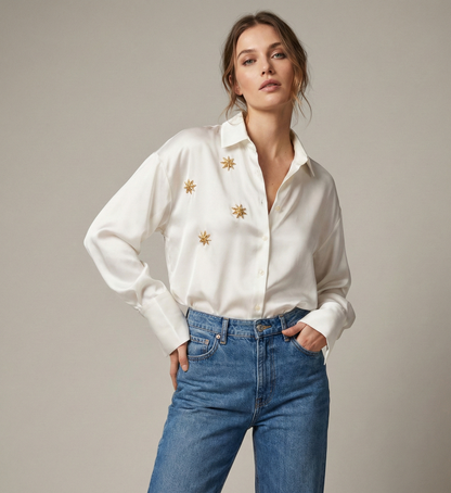 White Gold Star Anise Silk Satin Shirt