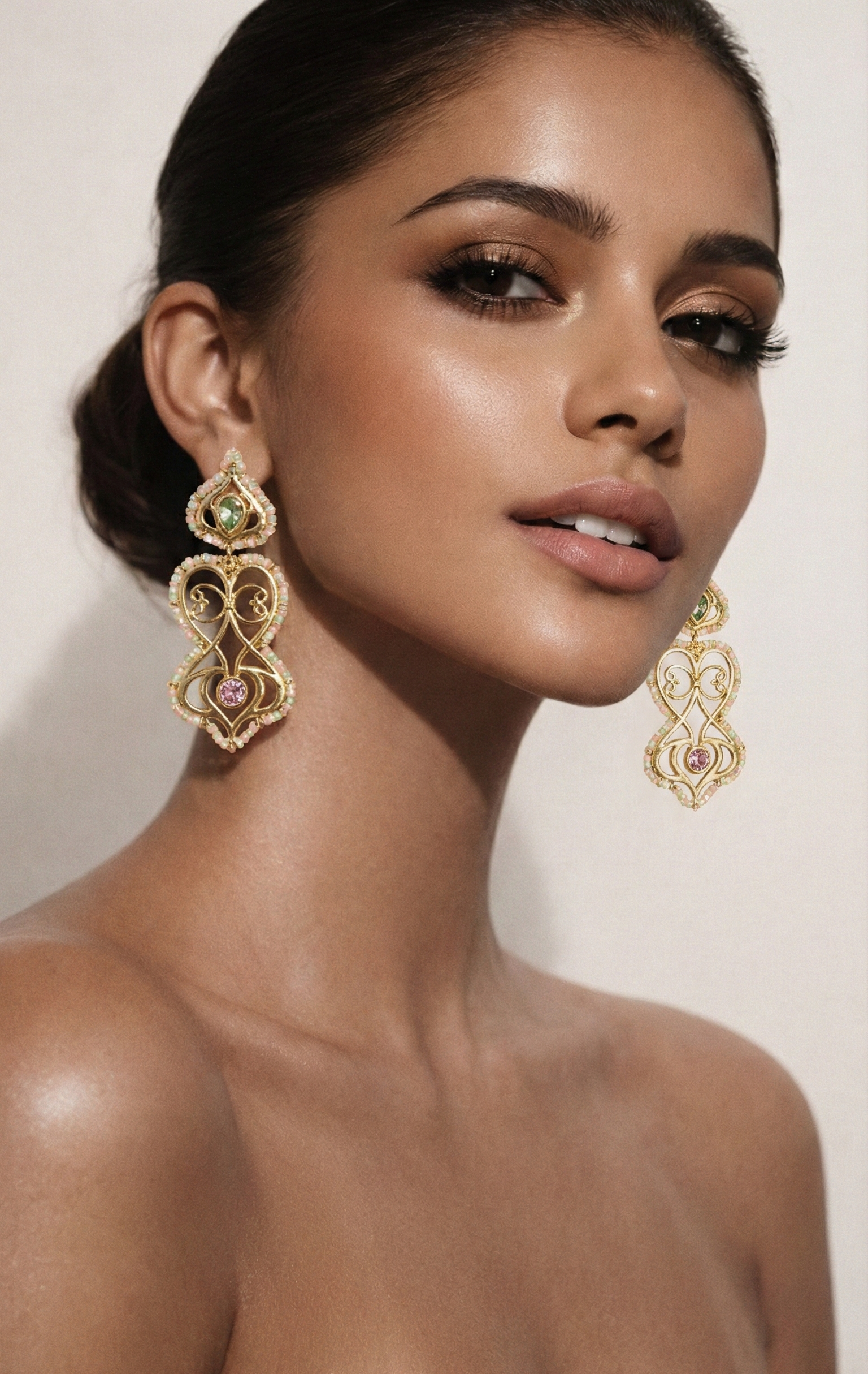 Woman wearing gold earrings with a 'Luxury' label at the bottom.
