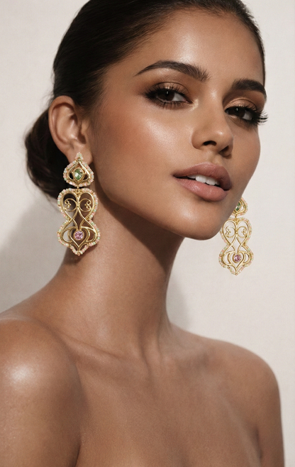 Woman wearing gold earrings with a 'Luxury' label at the bottom.