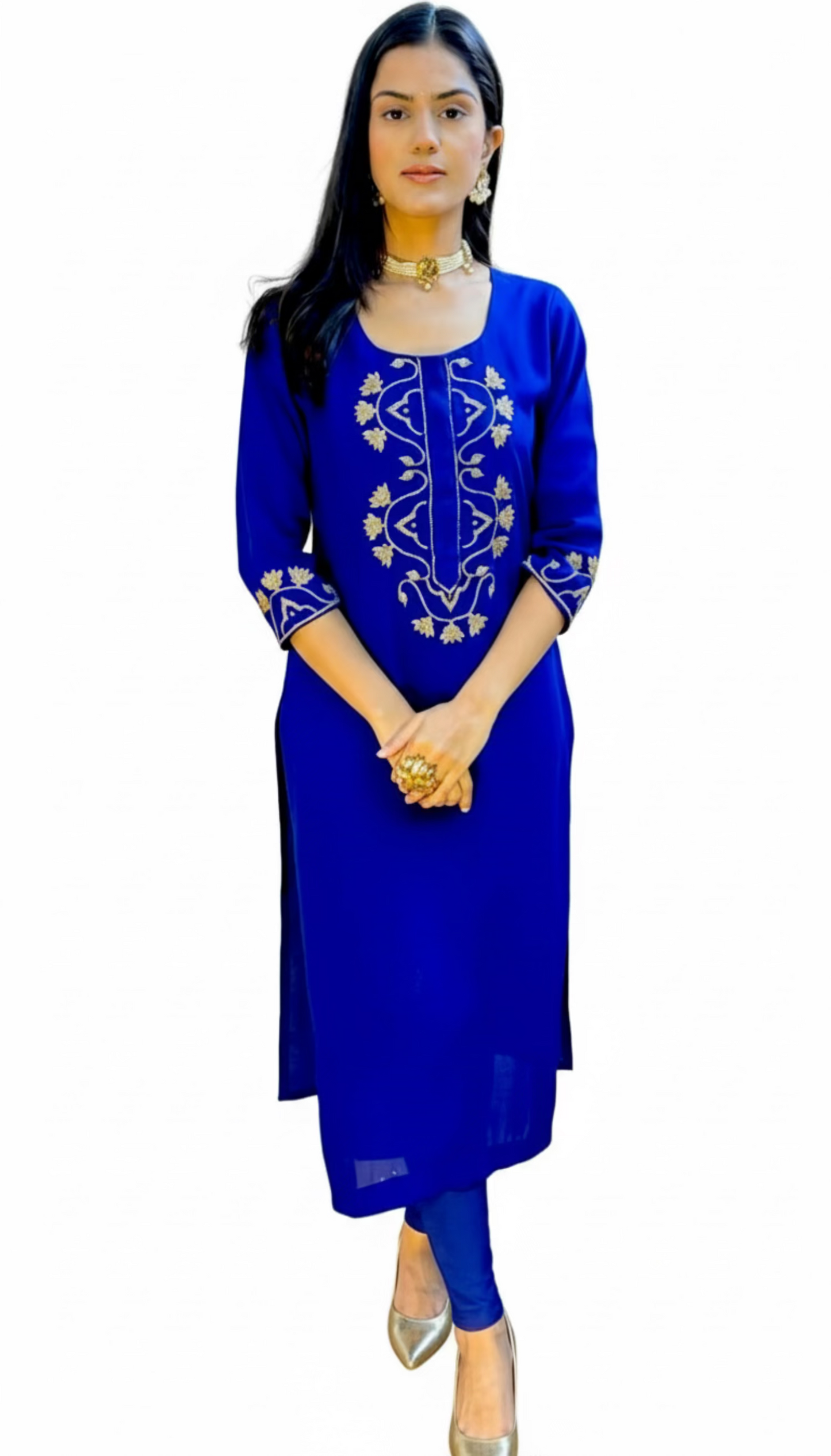 Woman wearing a blue embroidered kurta with a white background