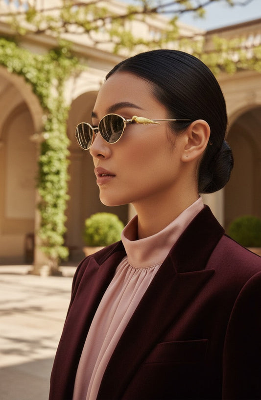 Woman wearing sunglasses and a dark blazer in an outdoor setting