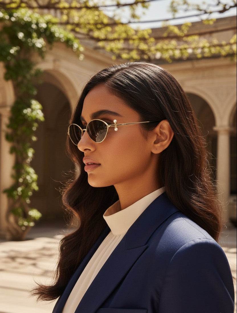 Woman wearing sunglasses and a blue blazer in an outdoor setting with arches and greenery.