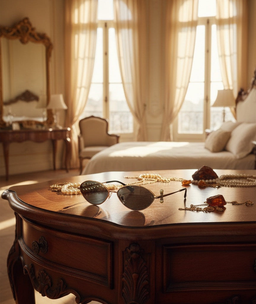 Luxurious bedroom with ornate furniture and decorative items on a table.