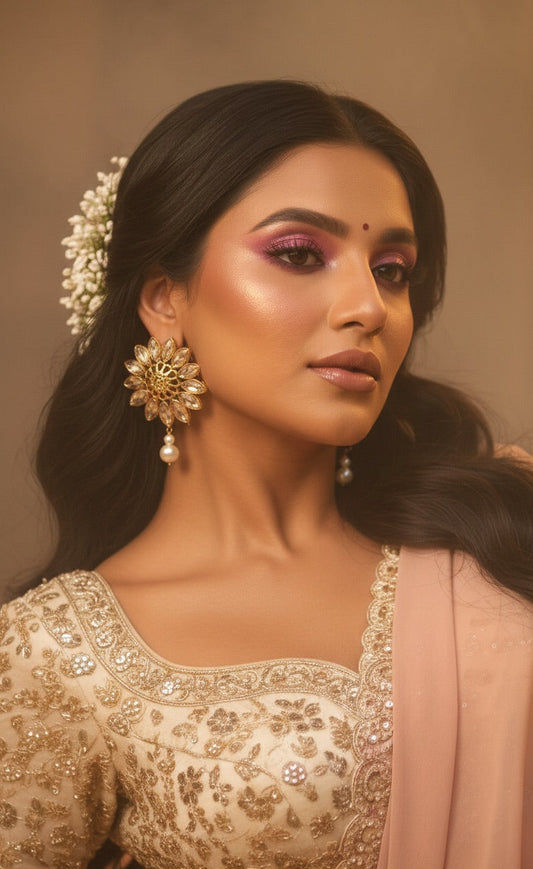 Woman wearing traditional jewelry and a saree with a neutral background
