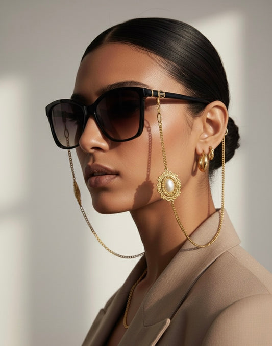 Woman wearing sunglasses with a gold chain, beige jacket, and gold earrings against a neutral background