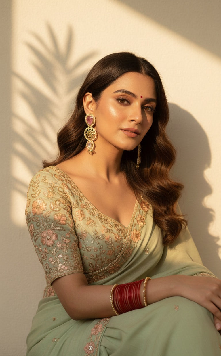 Woman in a traditional outfit with floral blouse and green saree, sitting against a neutral background.