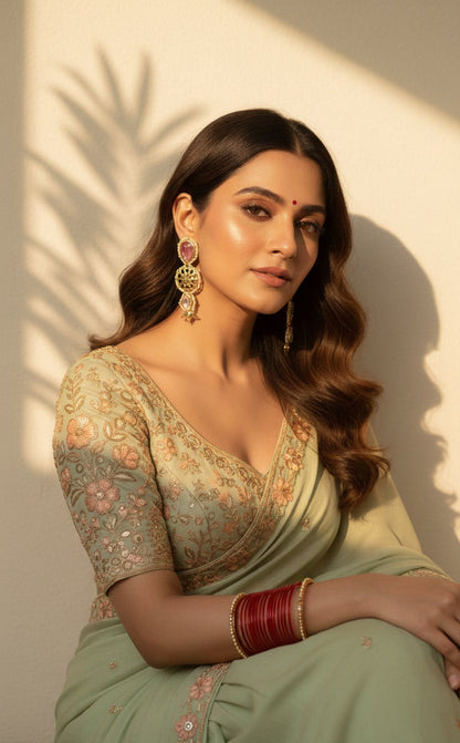 Woman in a traditional outfit with floral blouse and green saree, sitting against a neutral background.