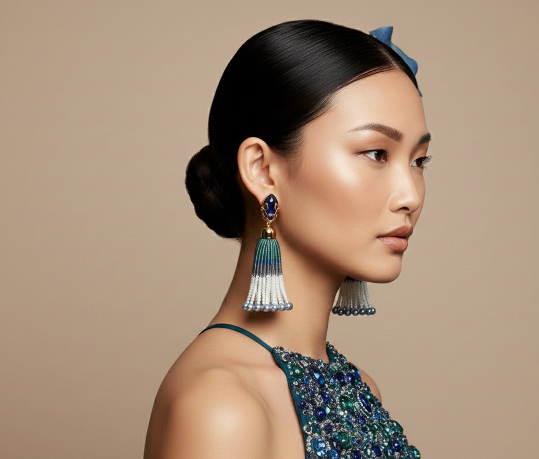 Mughal Jaal Pearl Peacock Tassel Earrings