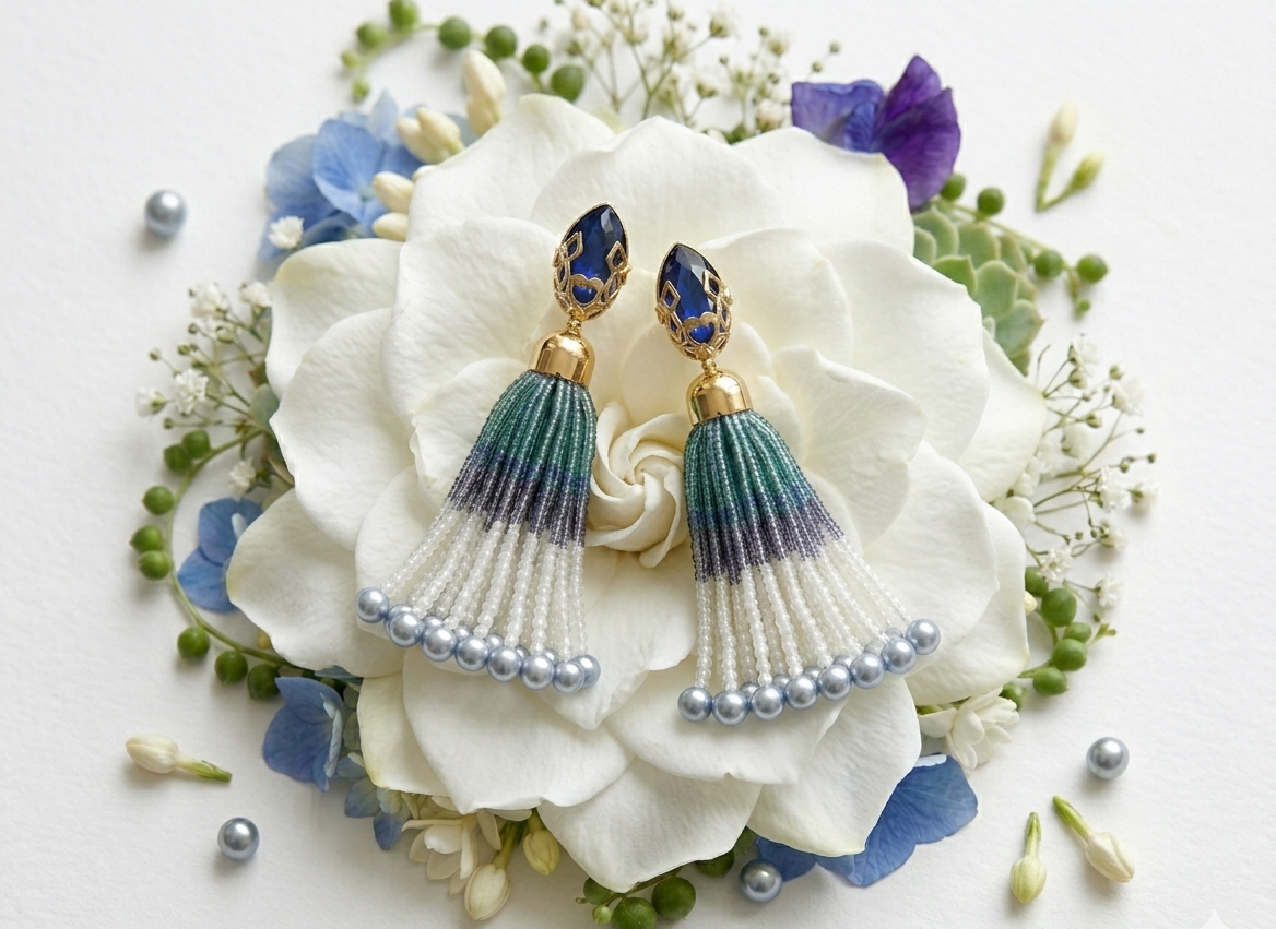 Mughal Jaal Pearl Peacock Tassel Earrings