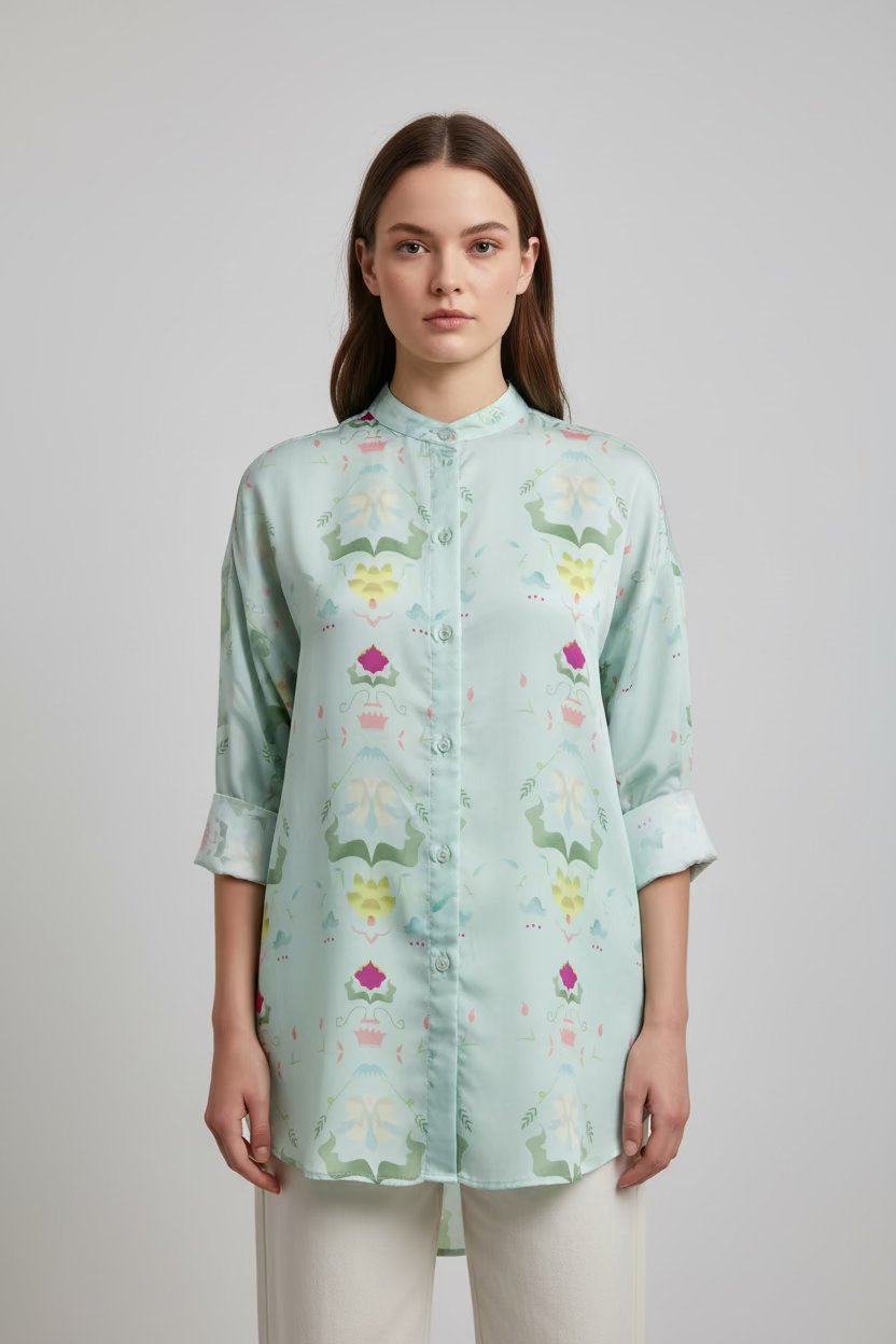 Woman wearing a light green floral embroidered shirt against a plain background