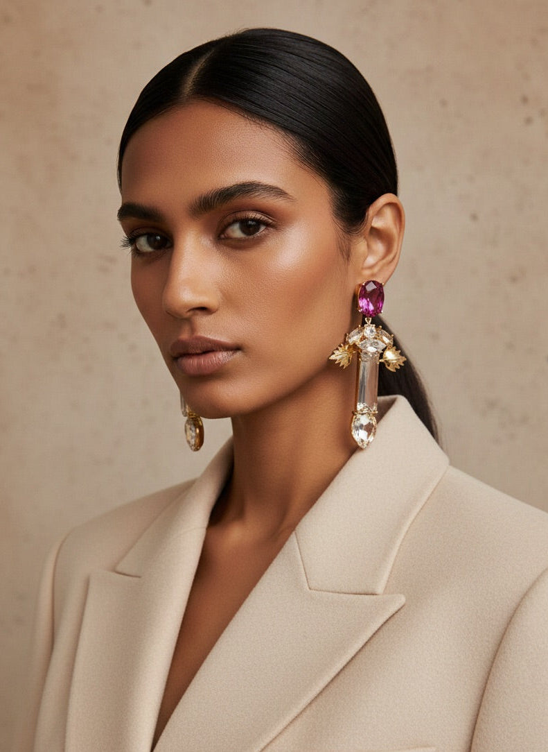 Woman wearing a beige blazer and large, colorful earrings against a neutral background