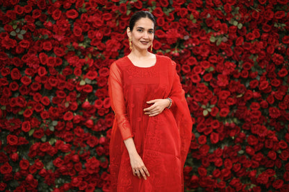 Woman in a red traditional outfit standing in front of decorative background