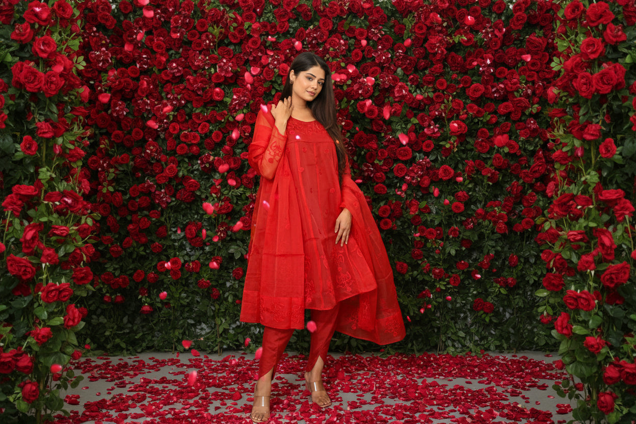 Woman in a red traditional outfit standing in front of decorative floral backdrop