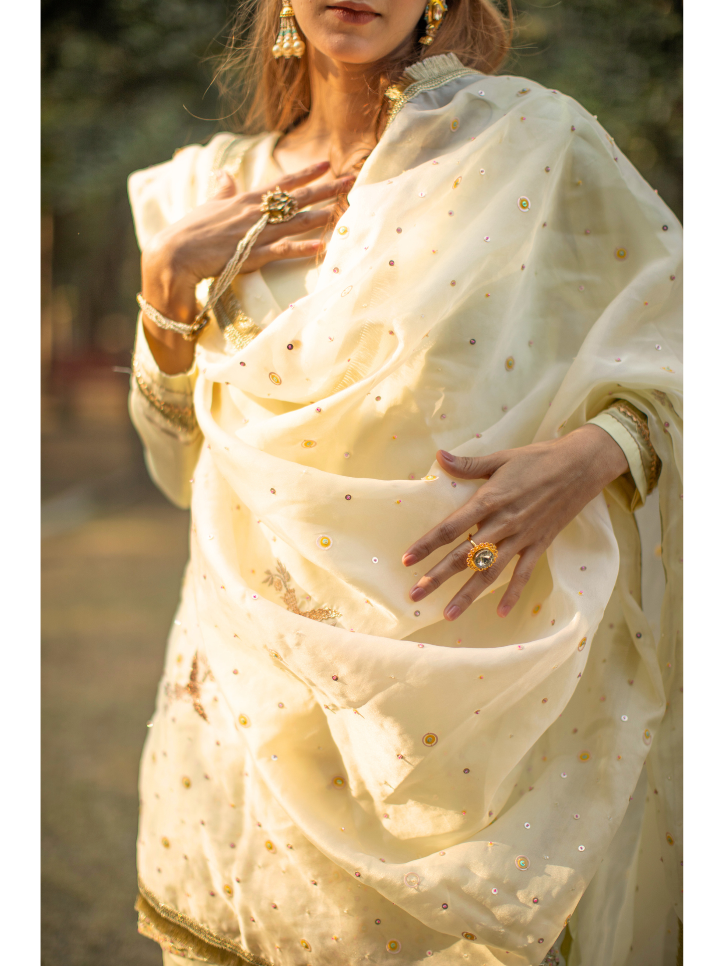 Powder Yellow Multicolored sequins suit with Garara and kiran organza dupatta