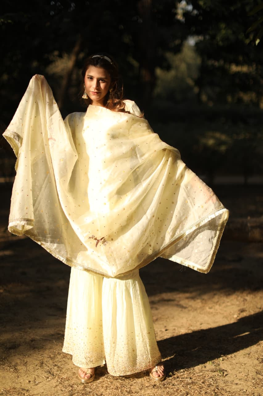 Powder Yellow Multicolored sequins suit with Garara and kiran organza dupatta