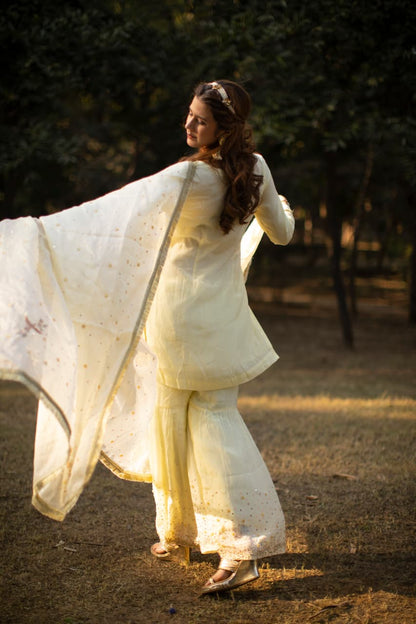 Powder Yellow Multicolored sequins suit with Garara and kiran organza dupatta
