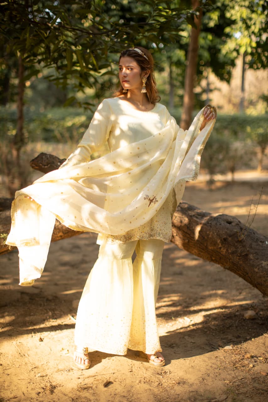 Powder yellow multicolored sequines suit with garara and kiran organza dupatta