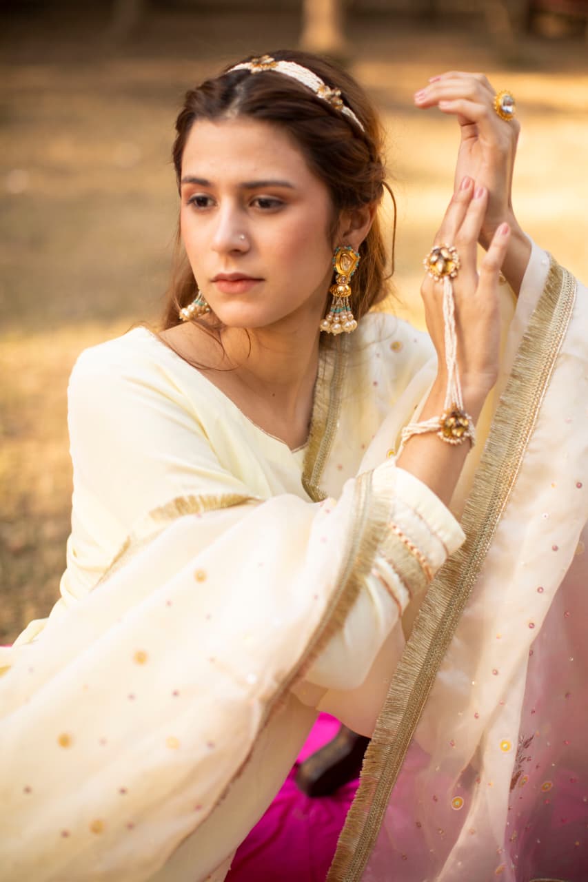 Powder yellow multicolored sequines suit with garara and kiran organza dupatta